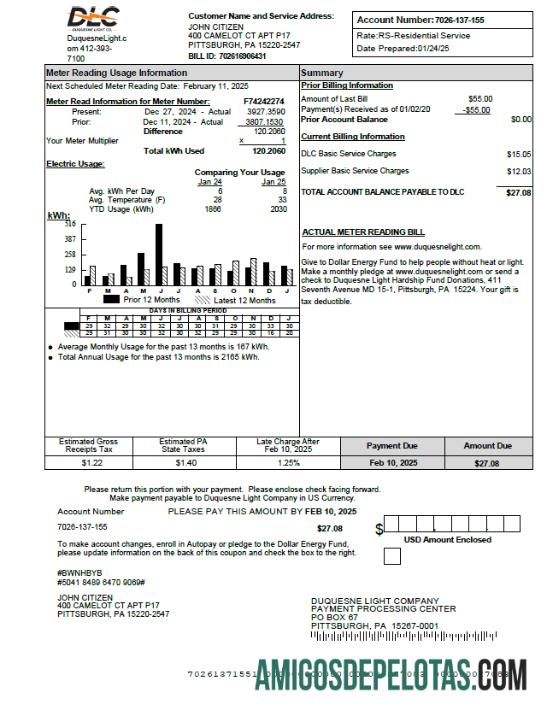 imprimível Modelo de fatura de serviços públicos da Duquesne Light Company dos EUA em formatos Word e PDF
